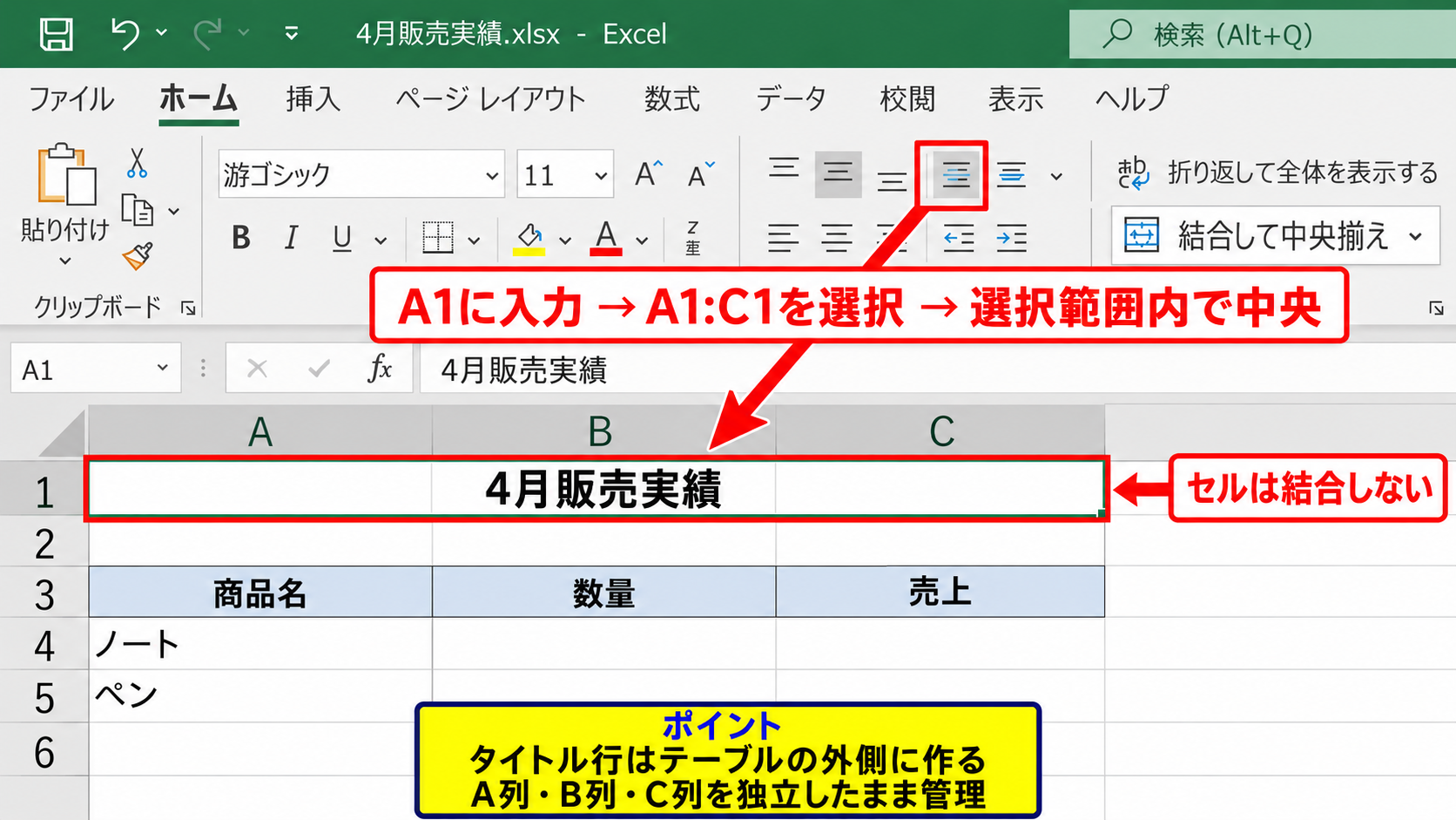 選択範囲内で中央を使う方法 - セル結合と中央揃えの違い