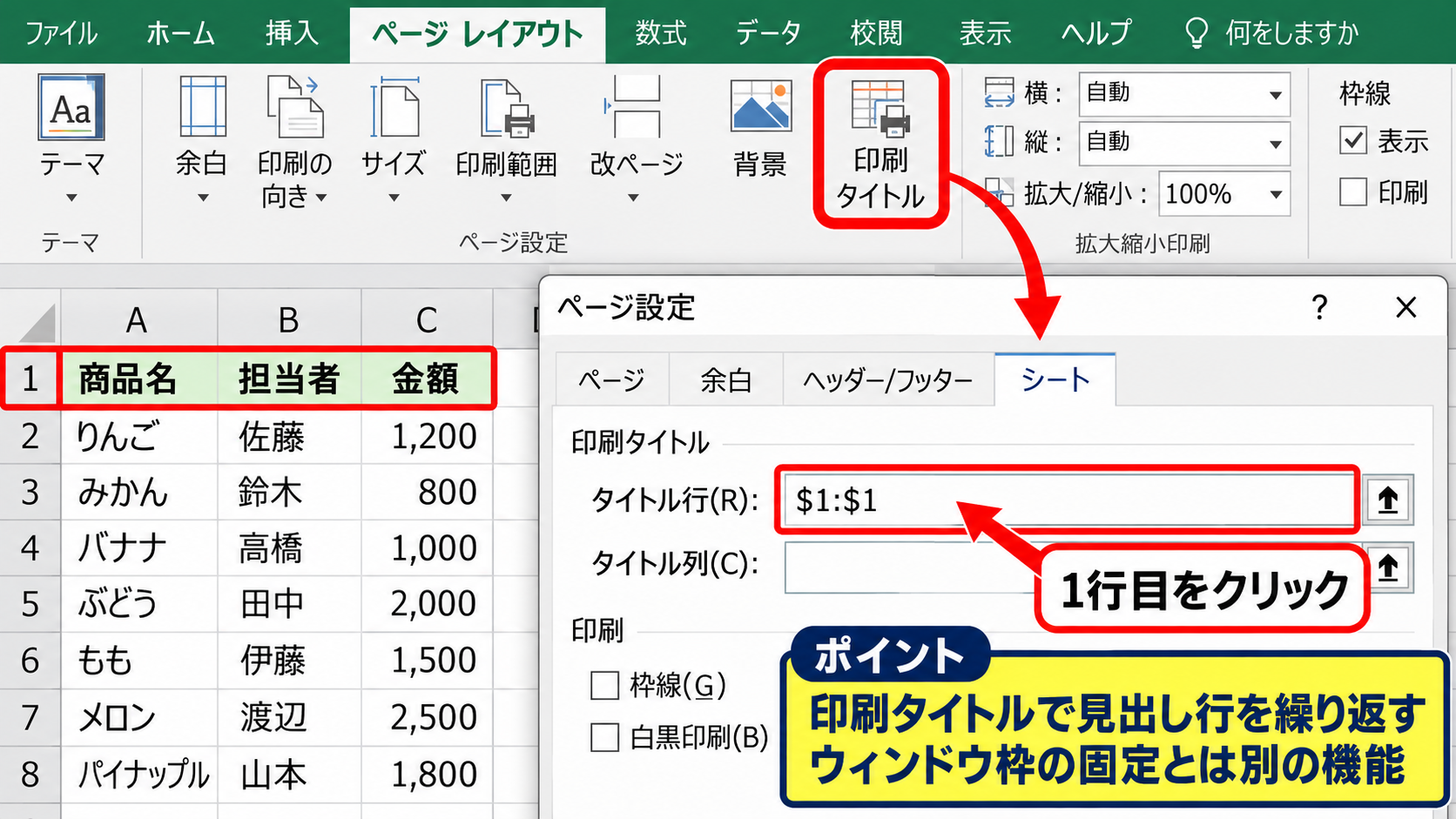 印刷タイトルと改ページプレビューの設定 - 先頭行を各ページへ印刷する設定