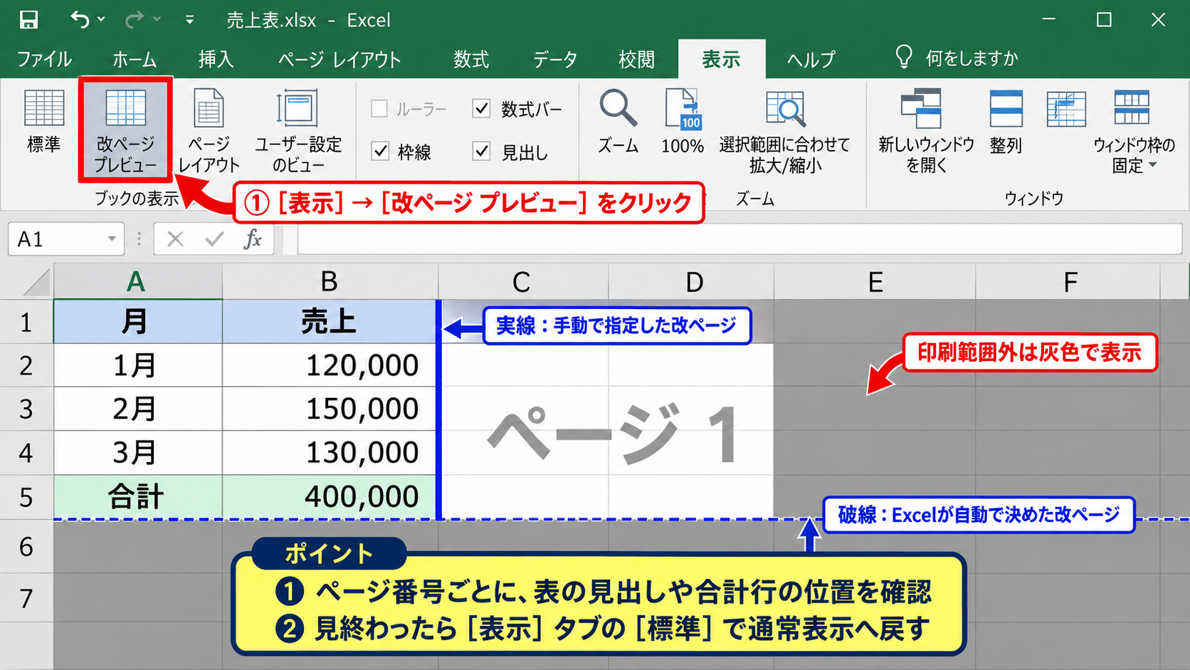 改ページプレビューとページレイアウトの確認 - 改ページプレビューで区切り位置を確認する方法