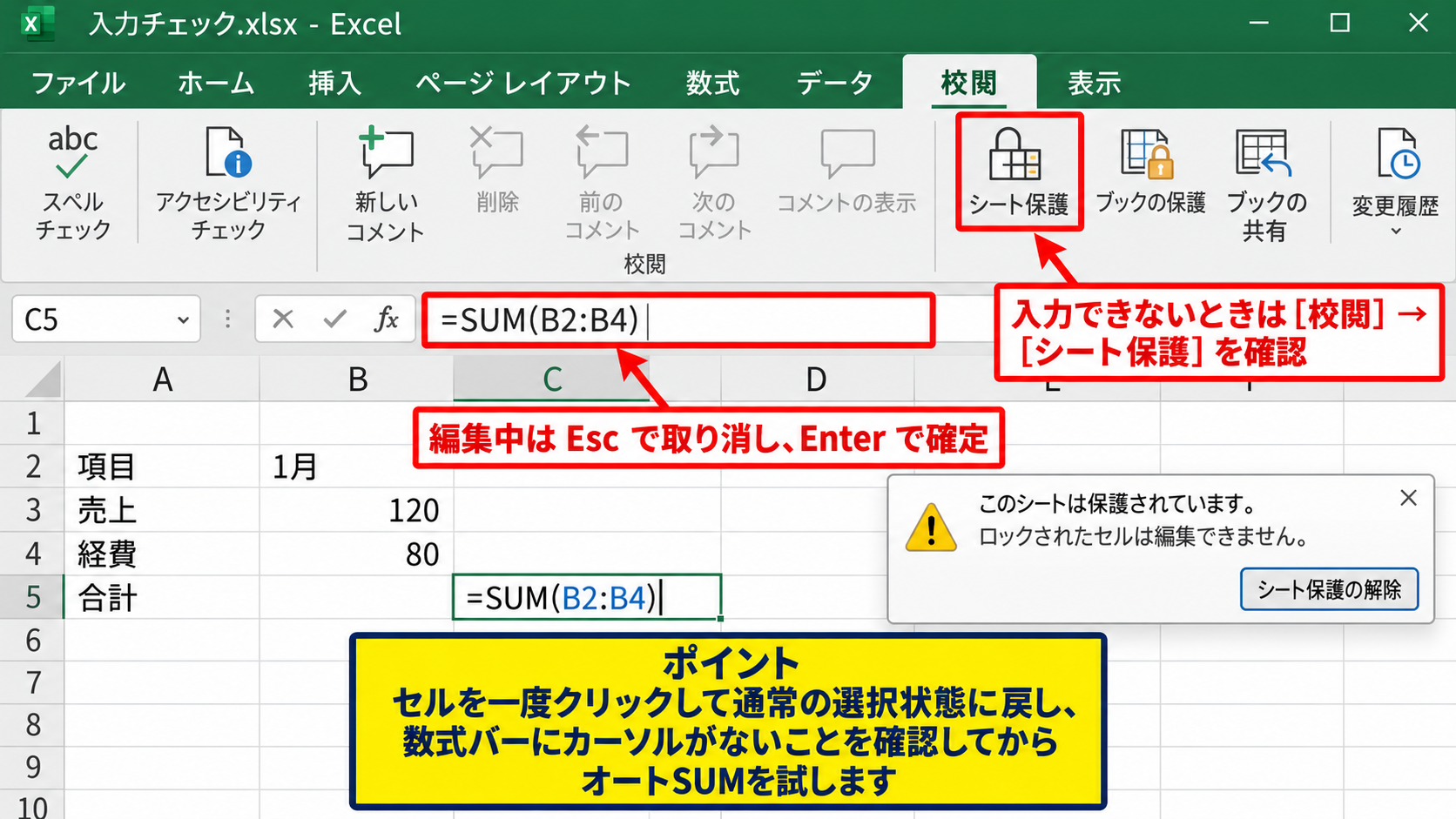 オートSUMが反応しないときの確認 - セルの編集モードと保護状態