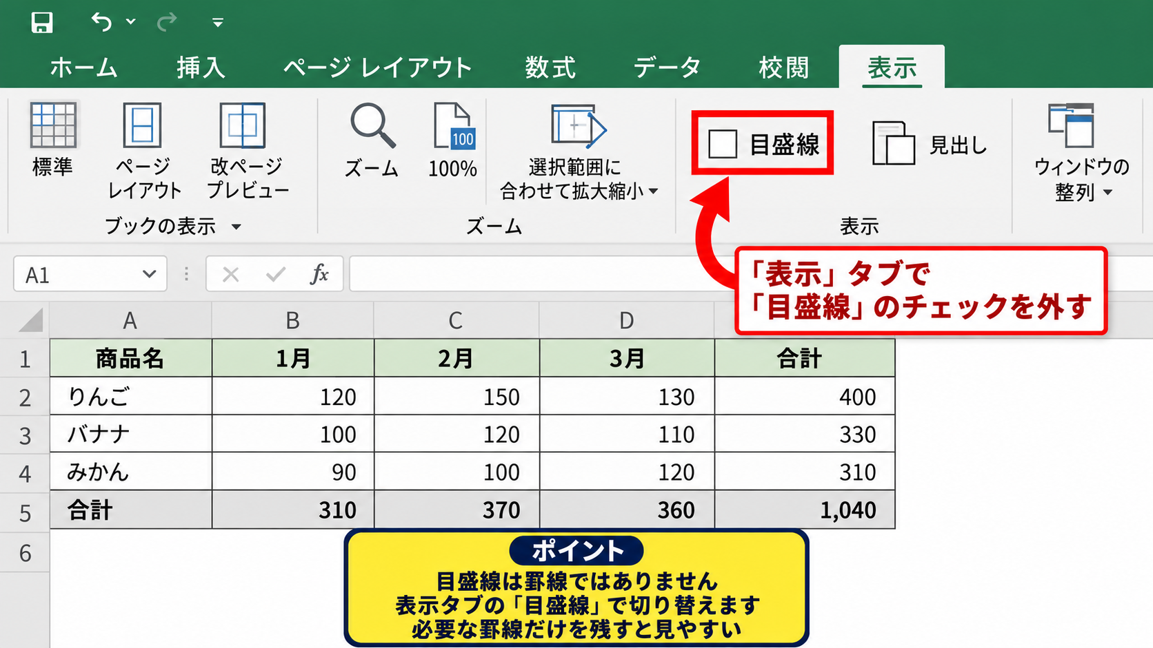 白い枠に見える目盛線の非表示 - 表示タブの目盛線チェック