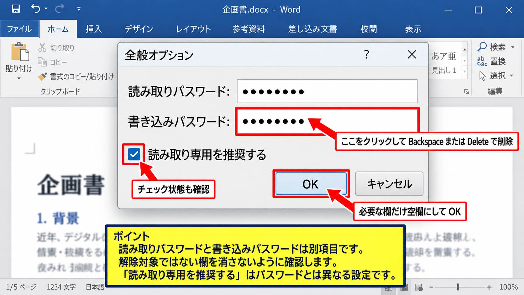 エクセルの編集パスワードを解除する方法【保存オプション】 - 全般オプションの入力欄