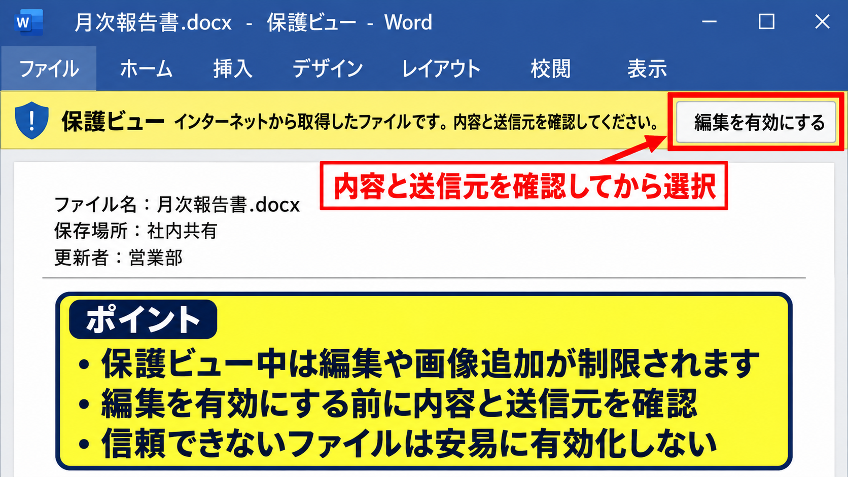シート保護と編集モードによる貼り付け制限 - 保護ビューを解除して編集を有効にする確認