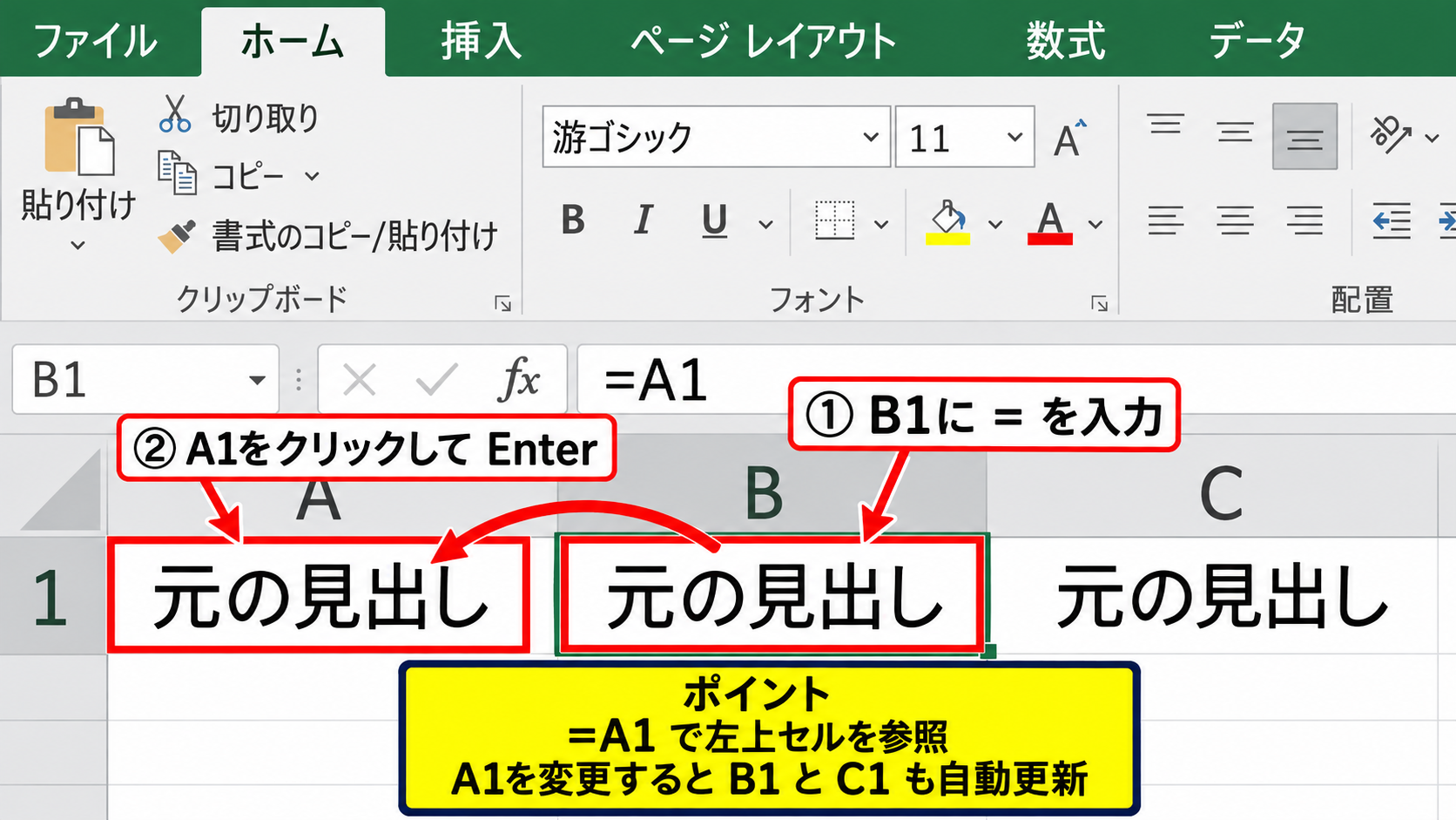 結合解除後に同じ文字を複数セルへ残す方法【貼り付けと数式の活用】 - 数式で左上セルを参照する方法【イコール記号の入力】