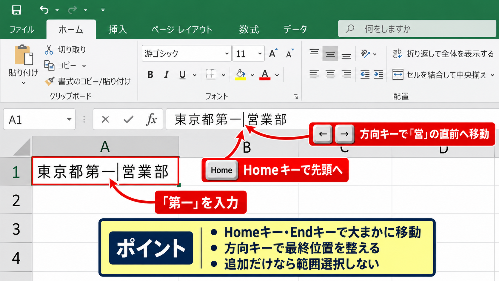 セル内の文字を途中から追加する編集手順 - 方向キーとHomeキーを使う位置調整