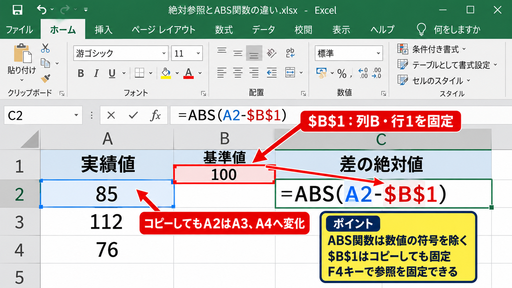 絶対値記号とセル参照を組み合わせる数式 - 絶対参照とABS関数の違い