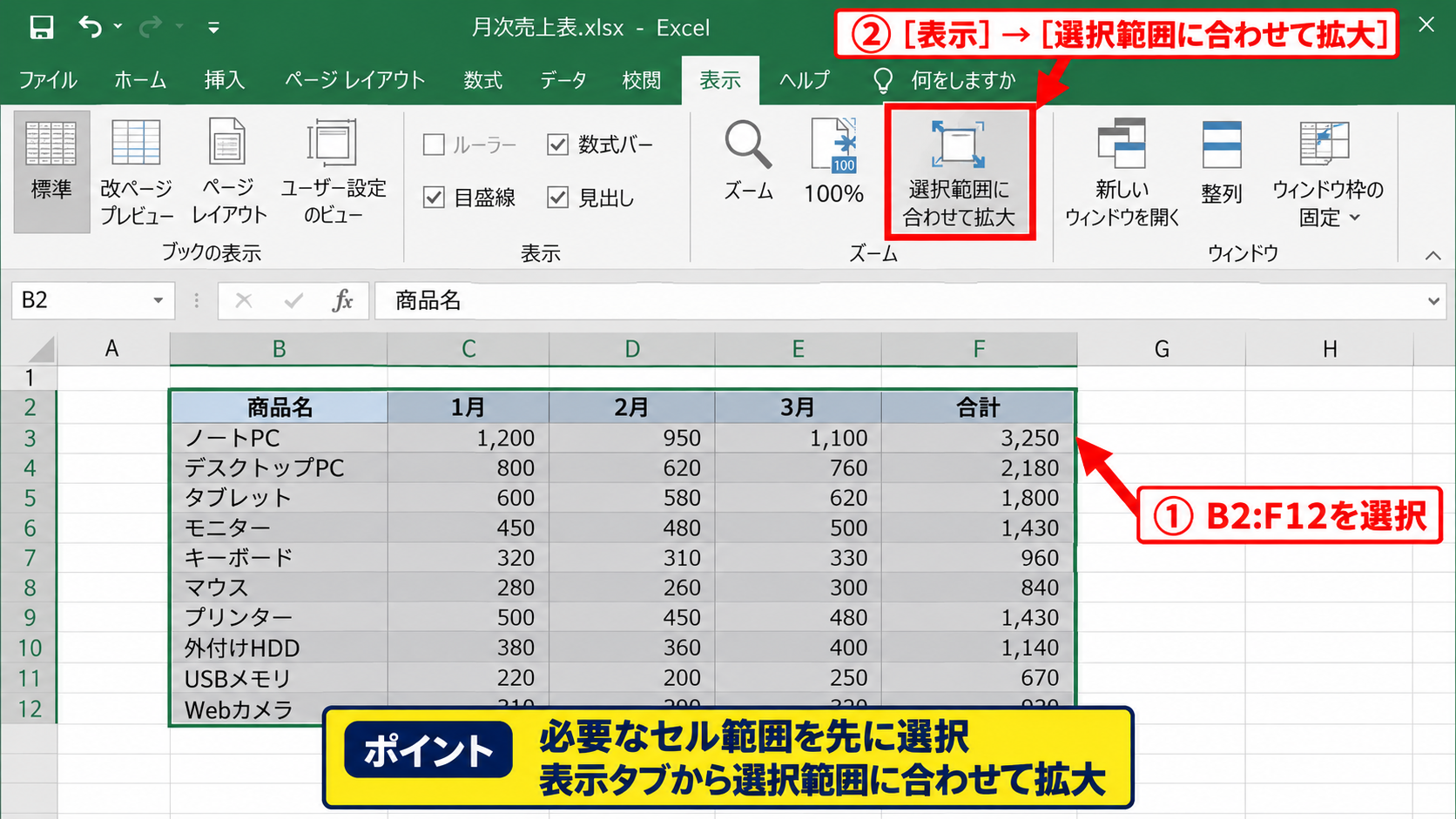 表示タブのズームと選択範囲の拡大 - 選択範囲に合わせたズーム