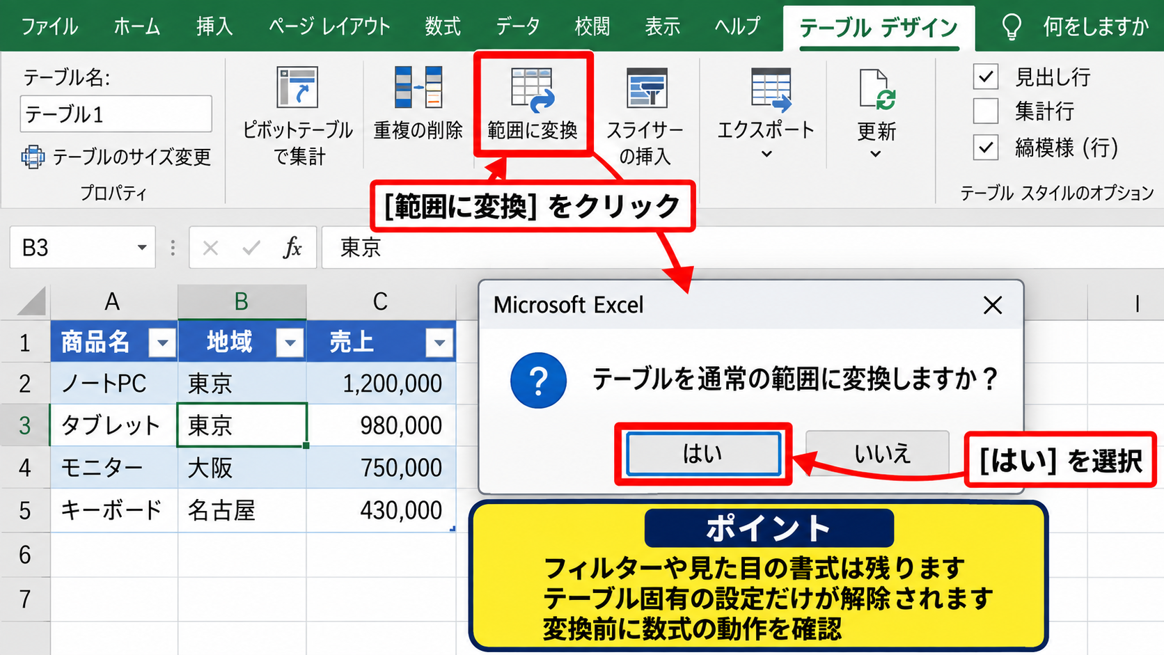 テーブル設定によるグループ化の制限 - 範囲に変換する操作