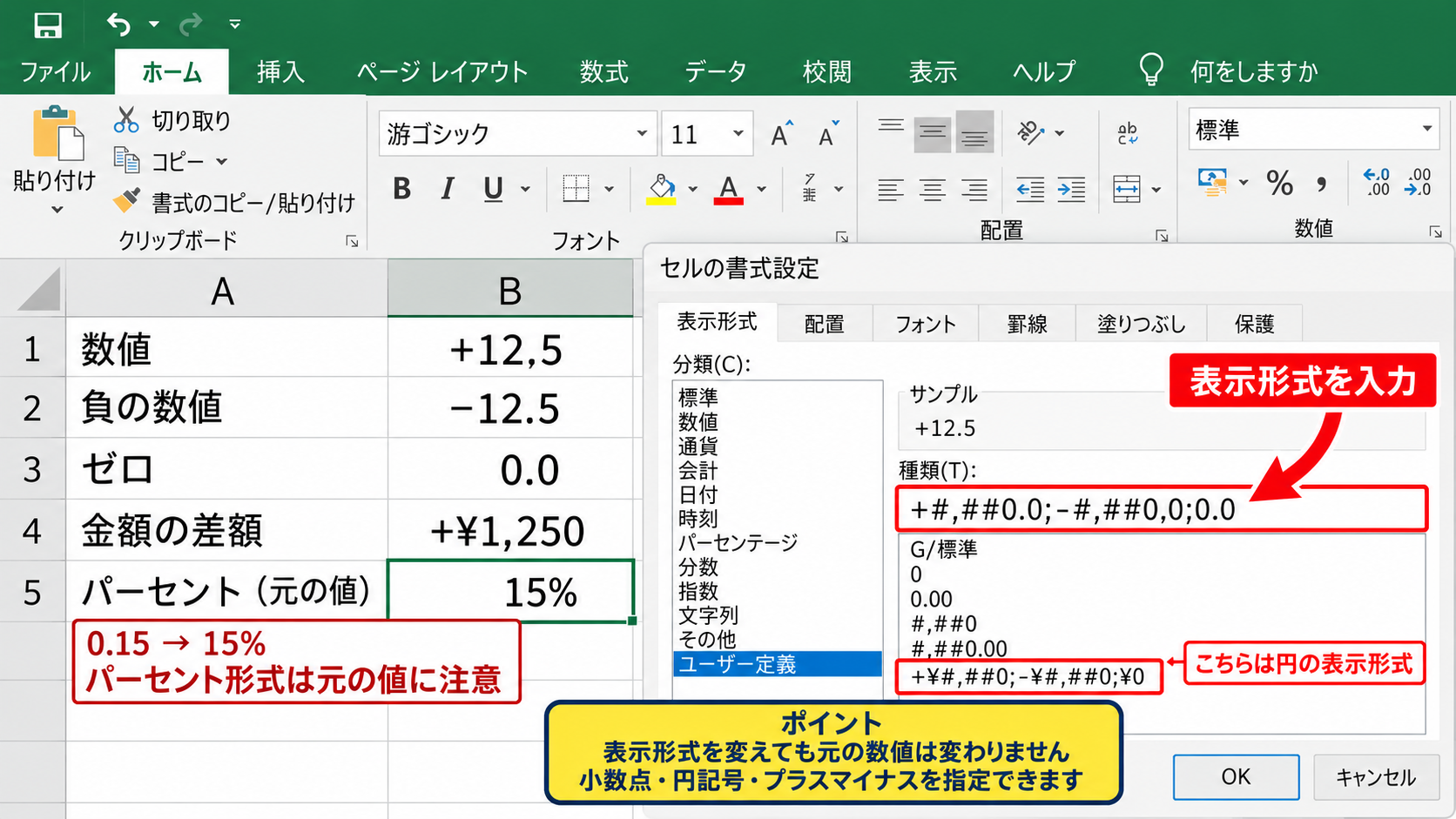 ユーザー定義表示形式によるプラス記号 - 小数点や円記号を含める表示形式