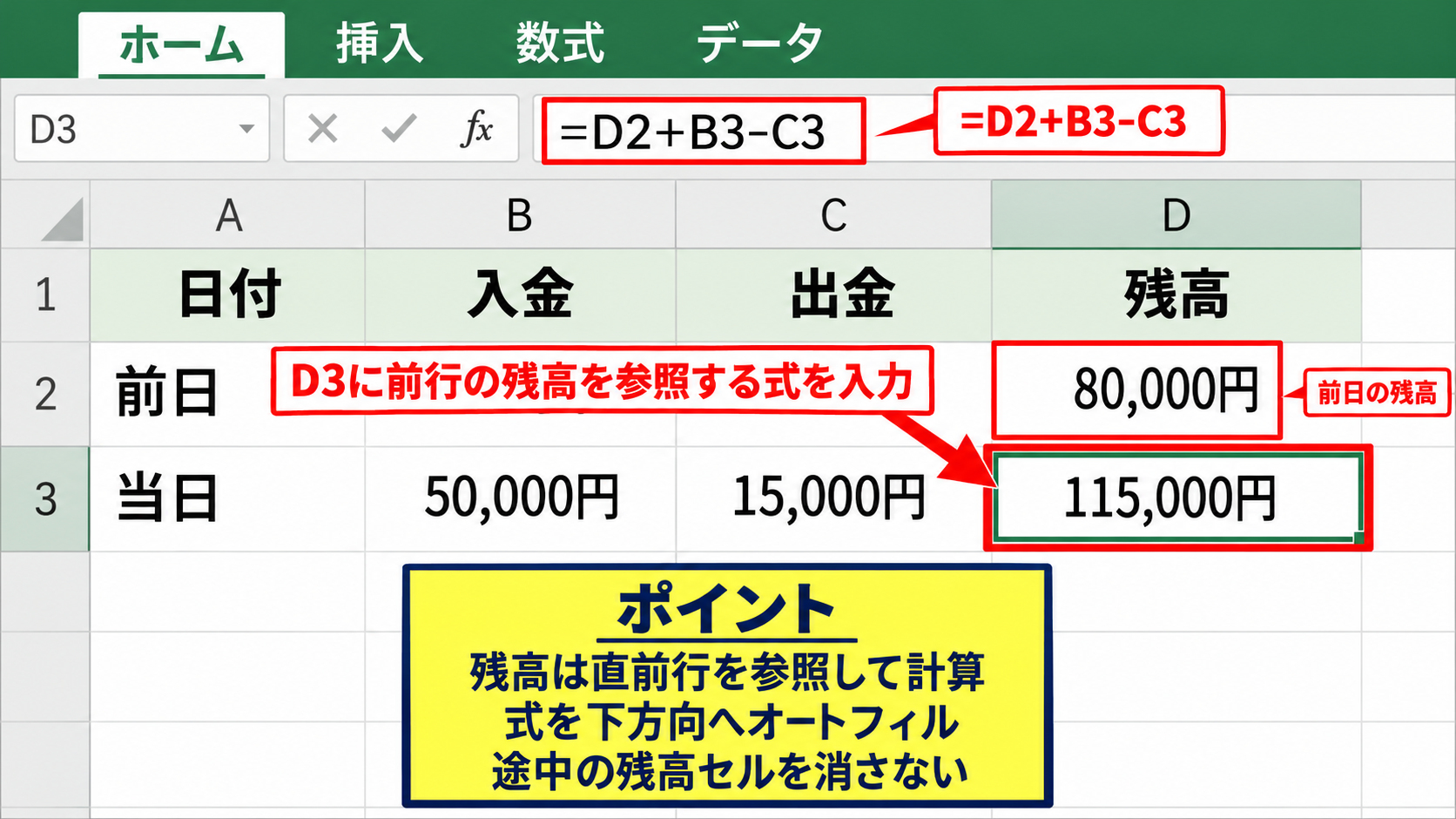差引残高を繰り越す計算式 - 二行目以降の残高計算