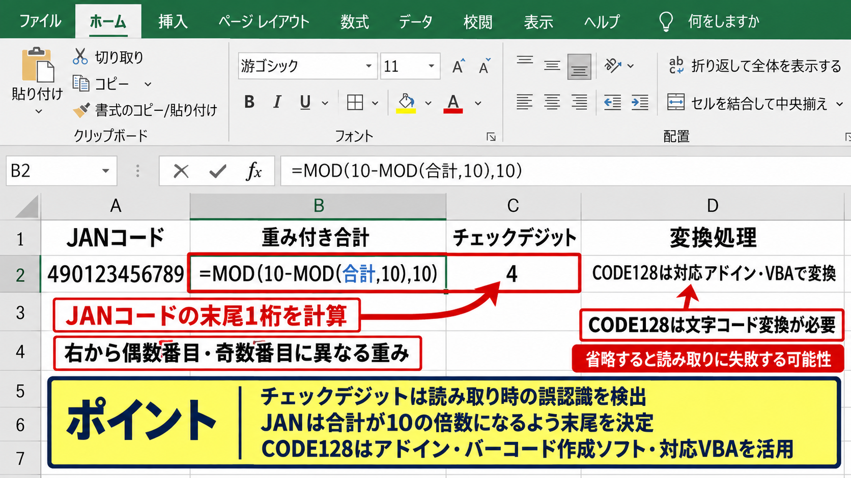 CODE128形式によるバーコード表示 - チェックデジットと変換処理